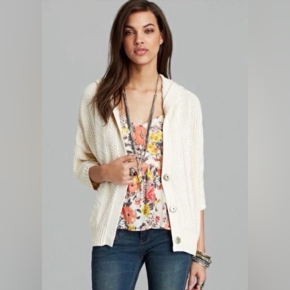 Free People Cream Cable Knit Hooded Cardigan | Cottagecore Coastal Grandma Boho - Picture 14 of 16